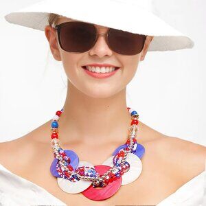 Star-Spangled Chic: Patriotic Beaded Shell Disc Necklace Set